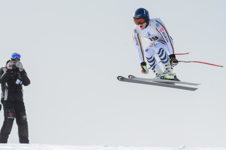 Airborne over a downhill jump