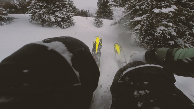 Helmet camera view through the powder